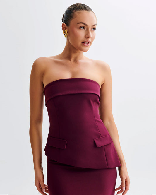 topwear,tops,formal, semi-formal, outdoor events,bold, sophisticated, summer,stretchable,polyester, spandex,maroon,solid,slim fit,bandeau,regular length,asymmetric hem,off shoulder,sleeveless,OY1707