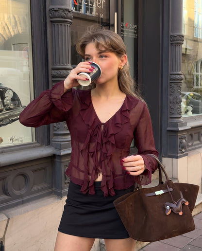 Ruffled Flared Sleeve Burgundy Top