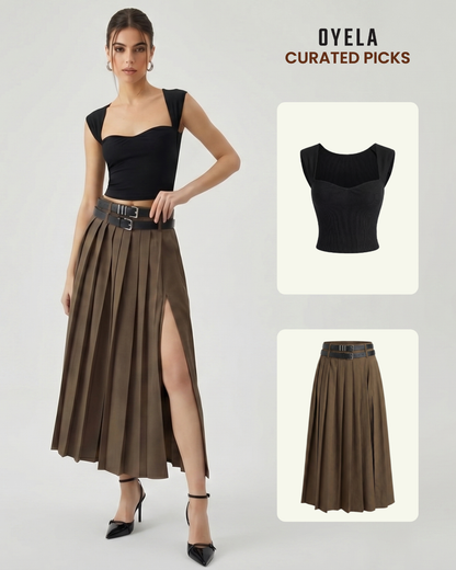 Sweet Heart Neckline Top and Brown Pleated Skirt With Two Detachable Belts