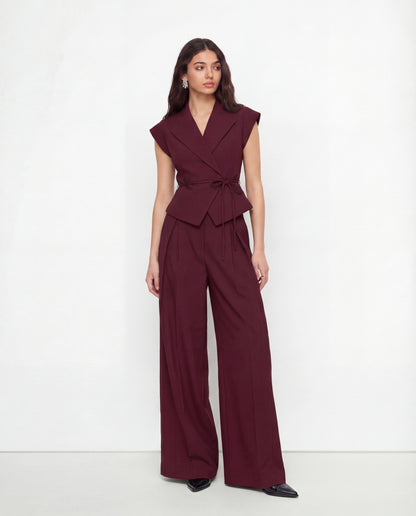 Maroon Tie Up Waist Coat Suit Set