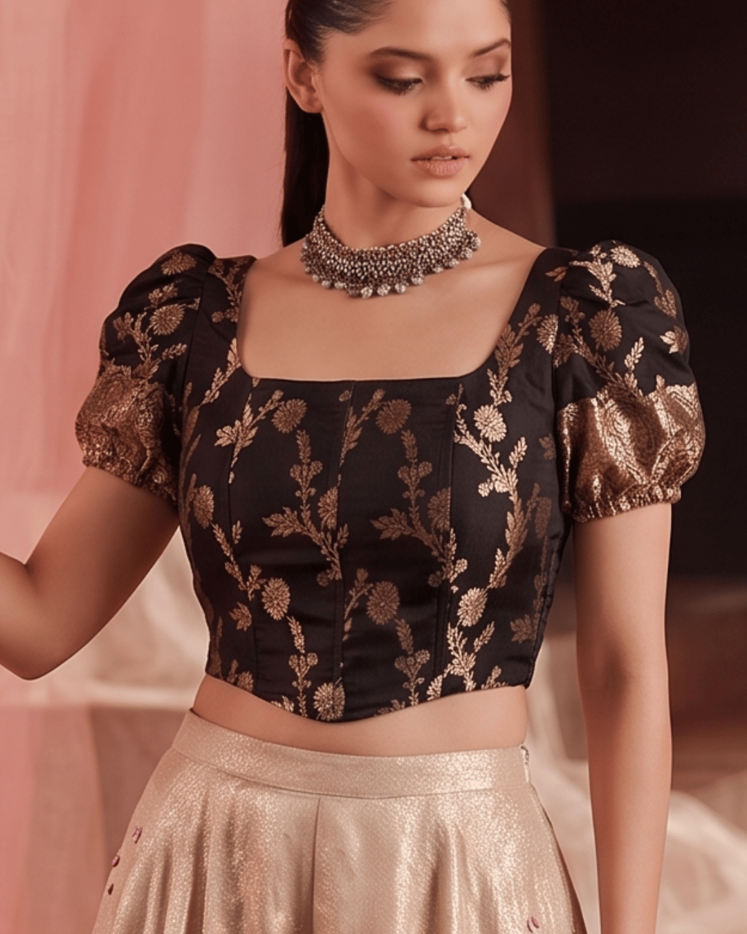 Paro Puff Sleeve Black Corset Top