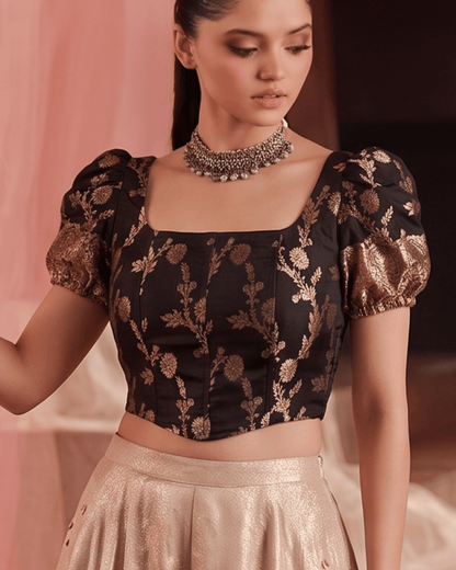 Paro Puff Sleeve Black Corset Top