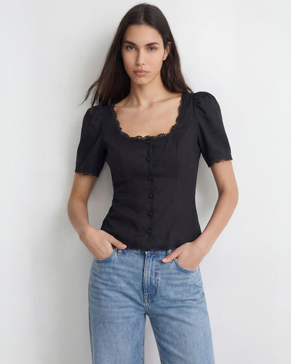 topwear,tops,casual, vacation, outdoor events,minimal, summer,woven,cotton,black,solid,lace,slim fit,fitted,waist length,scalloped hem,square neck,puff sleeves,short sleeves,OY1908, 25060008GG