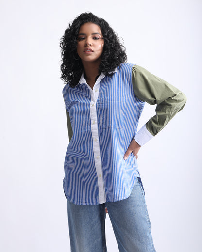 STRIPED BOYFRIEND SHIRT,boyfriend shirts, button, casual, collared, cotton, curved, long sleeves, longline, olive green, printed, relaxed fit, shirts, stripes, topwear, woven,boxy-fit-stripes-color-block-shirt-phase3,Neck - Shirt collar Sleeve - Full sleevesFit - Boxy fitPrint/Pattern - Stripes Color - Green and blue Material - Cotton Detail - Curved Hem