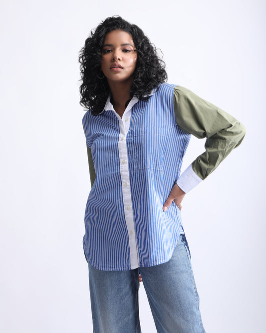 STRIPED BOYFRIEND SHIRT,boyfriend shirts, button, casual, collared, cotton, curved, long sleeves, longline, olive green, printed, relaxed fit, shirts, stripes, topwear, woven,boxy-fit-stripes-color-block-shirt-phase3,Neck - Shirt collar Sleeve - Full sleevesFit - Boxy fitPrint/Pattern - Stripes Color - Green and blue Material - Cotton Detail - Curved Hem