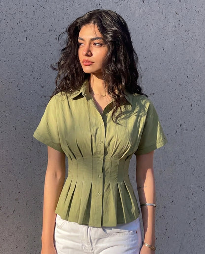 Pleated Cinched Waist  Cotton Shirt - Sage Green