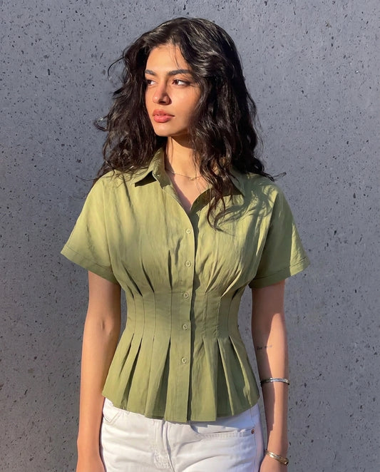 Pleated Cinched Waist  Cotton Shirt - Sage Green