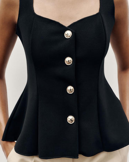 topwear,tops,semi-formal,statement piece,knitted,polyester, spandex,black,solid,panelling,button, golden trims,slim fit,vest,waist length,flounce hem,diamond neck,shoulder strap,no sleeves,sleeveless, OY2177, 25090044GG