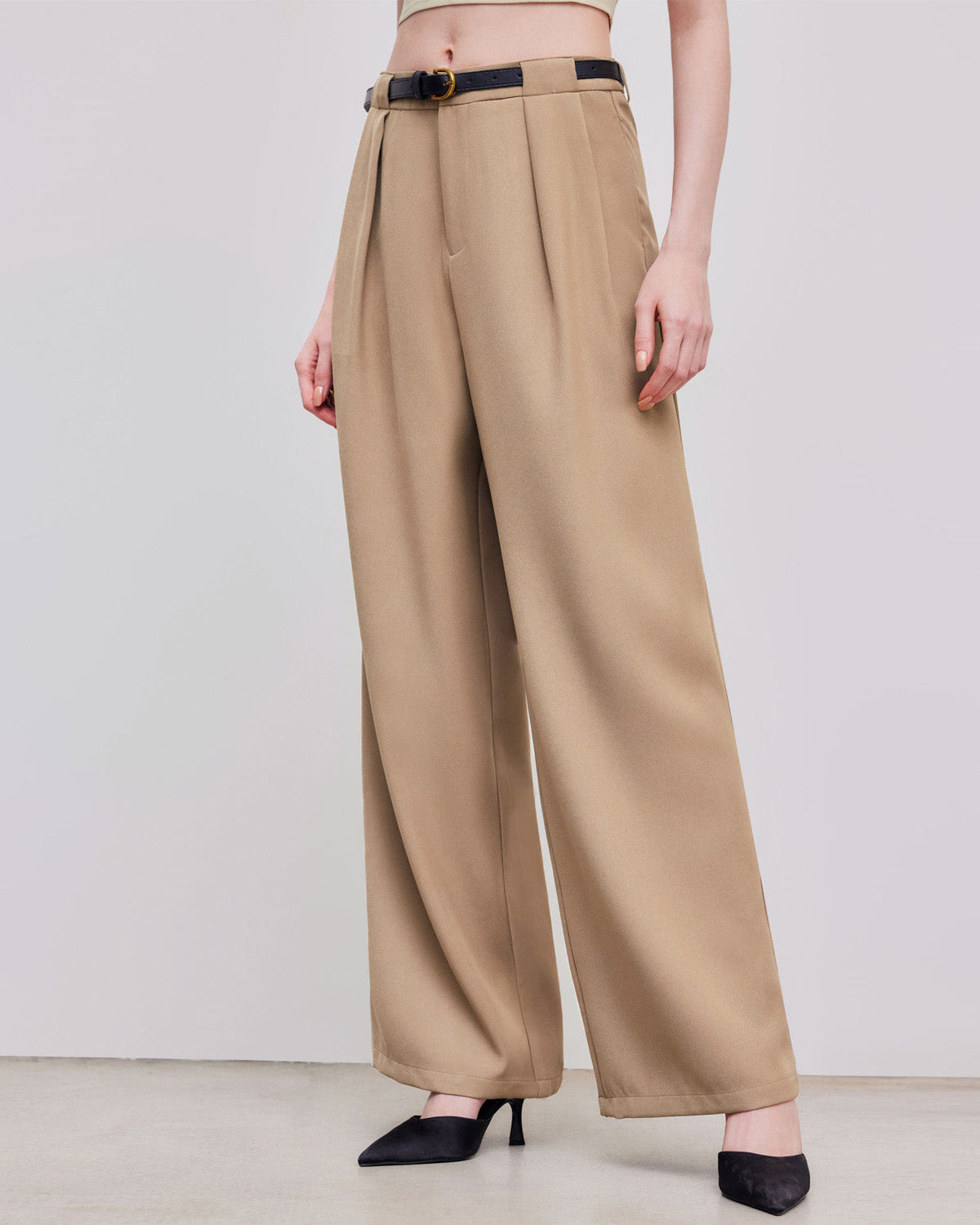 bottomwear,pants,semi-formal,workwear,stretchable,polyester, spandex,beige,pleated,tailored fit,wide leg,full length,high rise, OY975-beige,  25090001GG