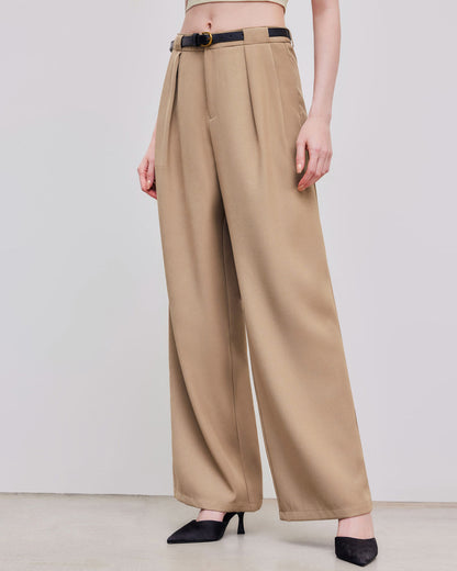 bottomwear,pants,semi-formal,workwear,stretchable,polyester, spandex,beige,pleated,tailored fit,wide leg,full length,high rise, OY975-beige,  25090001GG