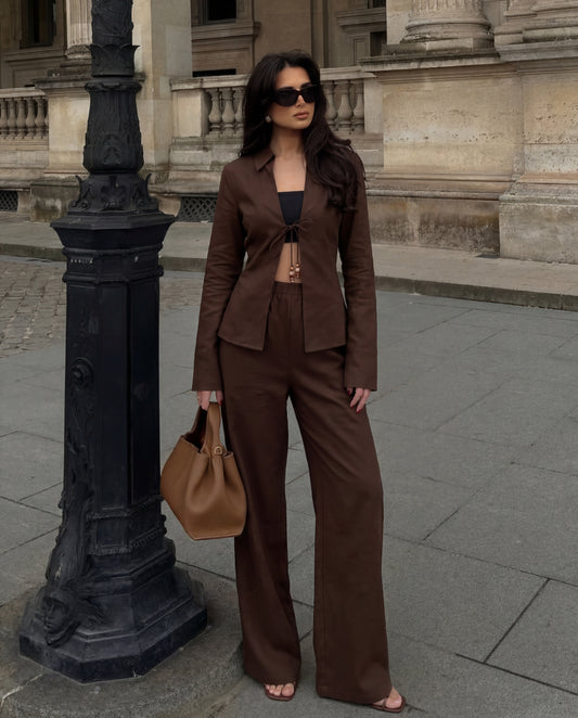 Coffee Tie Up Cotton Top And Pant Co-Ord Set