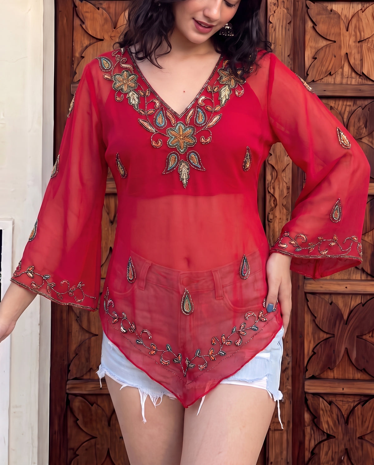 Embellished flared sleeve bohemian Kurti- Red
