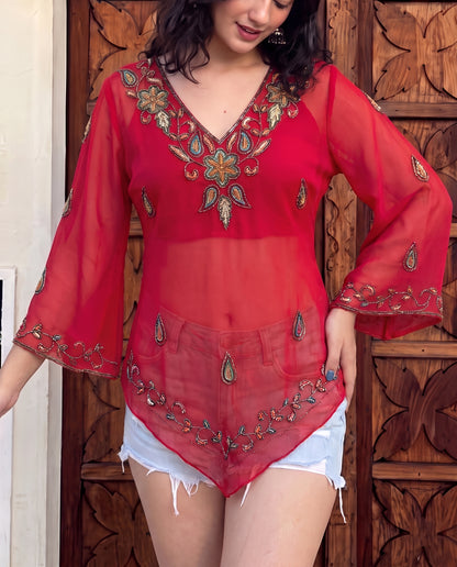 Embellished flared sleeve bohemian Kurti- Red