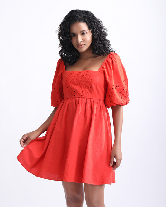 SCHIFFLI PUFF SLEEVES MINI DRESS,above knee, cotton, dresses, fit and flare, puff sleeves, red, regular fit, schiffli, short sleeves, solid, square neck, straight, summer, textured, vacation, woven,schiffli-puff-sleeves-mini-dress-red,Color- Red
Neck- Square Neck
Type- Fit &amp; Flare
Sleeve- Puff Sleeves
Fit- Regular Fit
Print/Pattern- Solid
Length- Mini
Fabric- Cotton
Closure- Tie Knot Back
Detail- Schiffli Embroidery