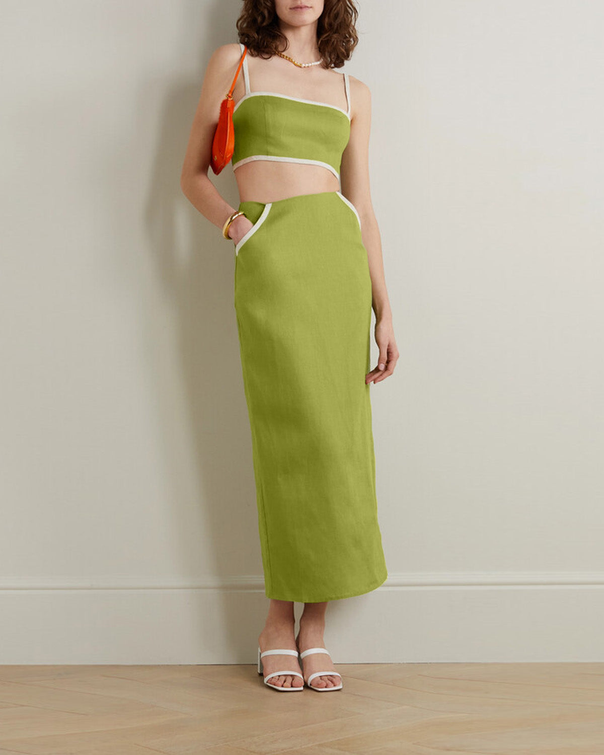 coord sets,bottomwear, topwear,casual, outdoor events,sophisticated, summer, timeless, urban fit,knitted,cotton slub,lime green,solid,contrast,zipper,tailored fit top,crop top,crop top,slit back hem,square neck,shoulder strap,sleeveless,zipper,skirts,pencil skirt,mini,high rise waist,25040017GG OY1403