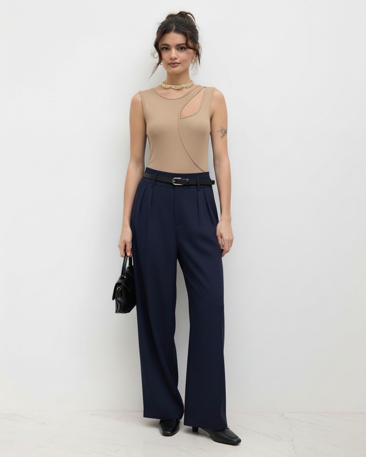 bottomwear,pants,semi-formal,business outfit,stretchable,polyester, spandex,navy blue,pleated,tailored fit,wide leg,full length,high rise, OY-959- NAVY, 25090075GG