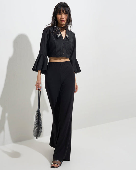 coord sets,bottomwear, topwear,party, outdoor events,festive, glam, indo western, minimal, soft girl,woven,santoon,embroidered,black,solid,panelling,bead, rhinestone,regular fit top,crop top,crop top,flared hem,lapel collar,no straps,flounce sleeve,three quarter sleeves,button up,pants,panelled flare pants,full length,flared hem,mid rise waist,OY3031, 25070058GG