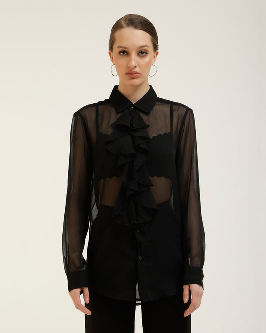 RUFFLED SHIRT,black, blouse, button, casual, collared, curved, flounce, formal, georgette, long sleeves, longline, regular fit, sheer, shirts, solid, summer, topwear, woven,ruffled-shirt-black,Color- Black
Fabric- Sheer Georgette
Type- Shirt
Fit- Regular
Length- Longline
Neck- Flounce Collared
Sleeves- Full
Hem- Curved