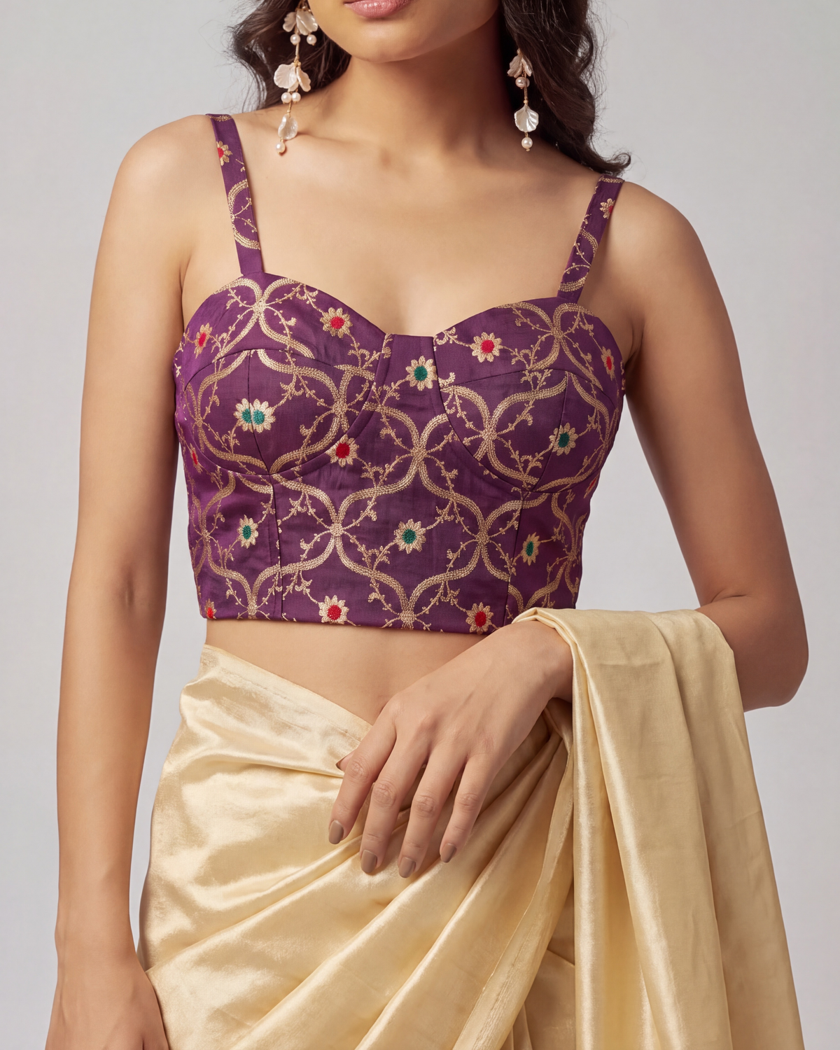 Wine Brocade Saree Corset Blouse