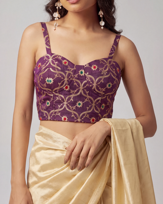 Wine Brocade Saree Corset Blouse
