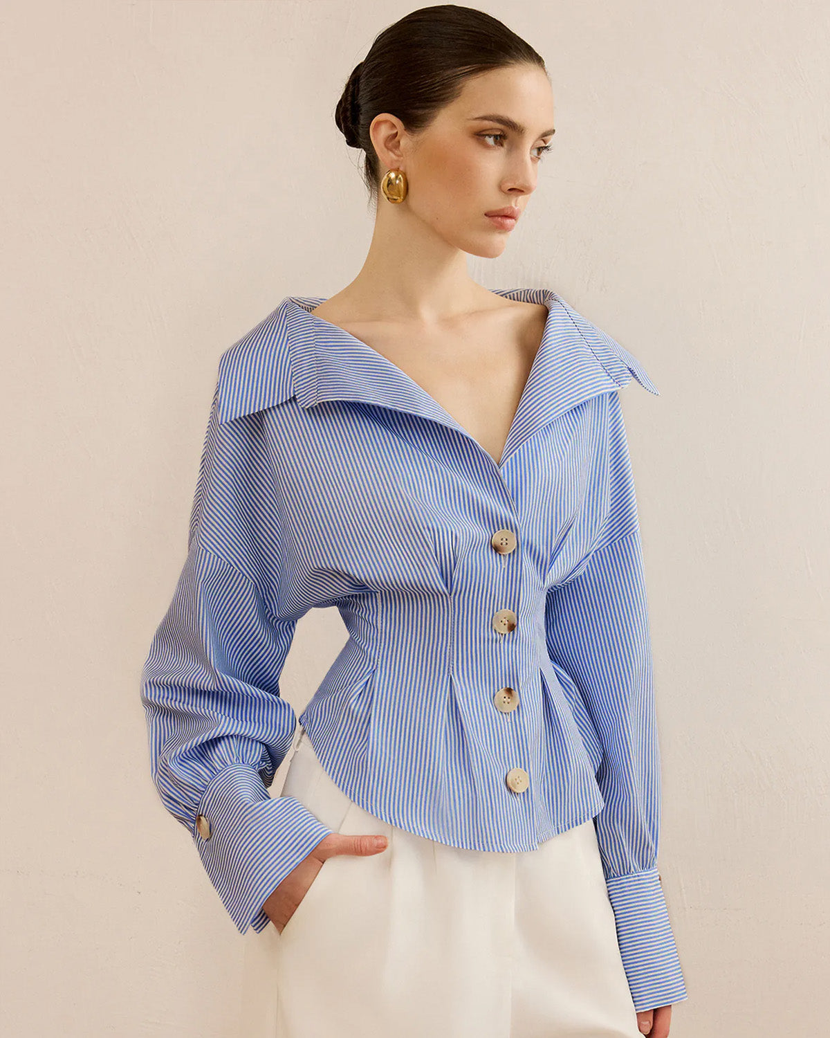 topwear,shirts,casual chic,minimal, soft girl,summer,woven,crepe,printed,blue,stripes,contrast,button,regular fit,shirt,waist length,flared hem,collared,no straps,set in sleeves,long sleeves, OY2140, 25090039GG