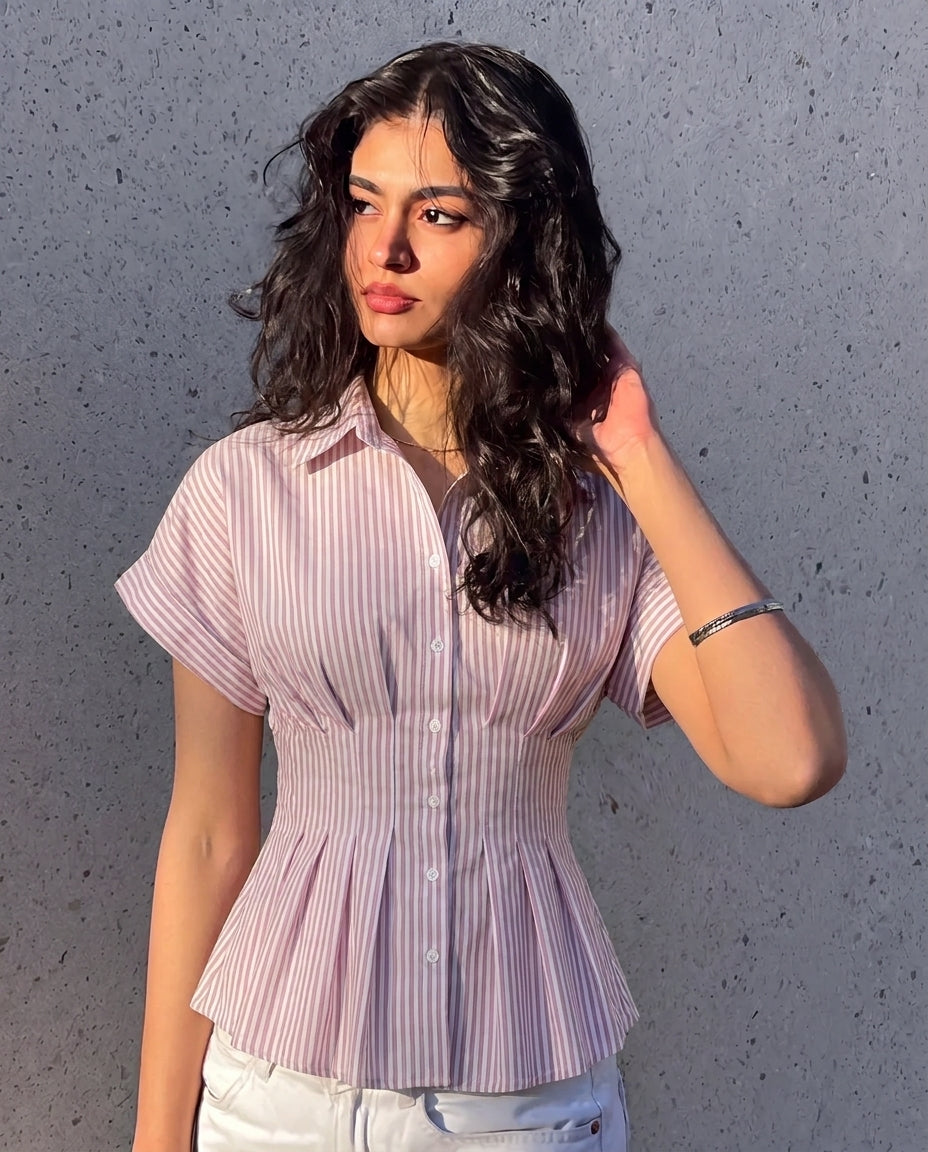 Pink Cinched Waist Striped Shirt