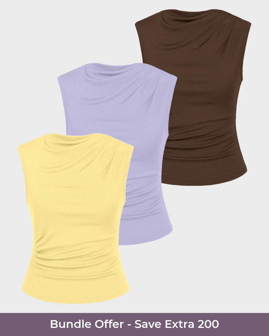 sets,vacation, outdoor events,beach, minimal, soft girl, summer, timeless,knitted, stretchable,ribbed,lavender,solid,slim fit,fitted,regular length,cowl neck,,sleeveless, lemon yellow, brown,combo,bundle,25050003BU