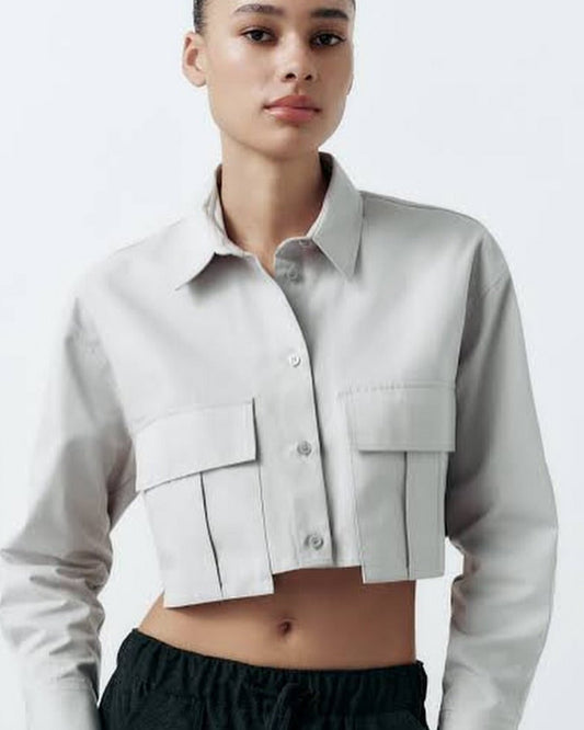 flap-pocket-crop-shirt-grey,FLAP POCKET CROP SHIRT,topwear,shirts,casual,streetwear,woven,poplin,grey,stripes,flap pocket, utility pocket,relaxed fit,crop,shirt collar,long sleeves