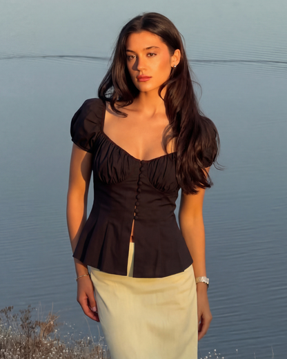 Black Button Up  Ruched Peplum Top