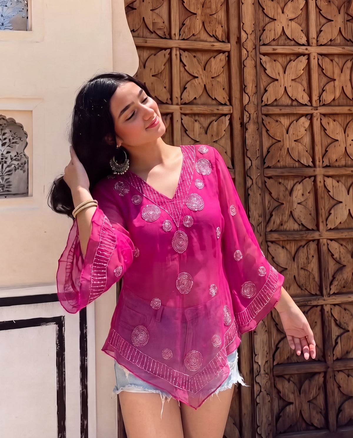 Embellished Flared Sleeve bohemian Top- Rani Pink