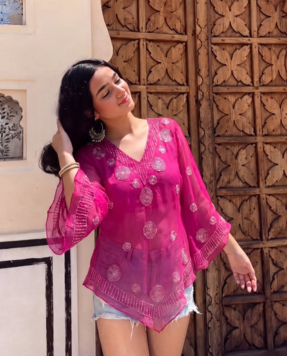 Embellished Flared Sleeve bohemian Top- Rani Pink