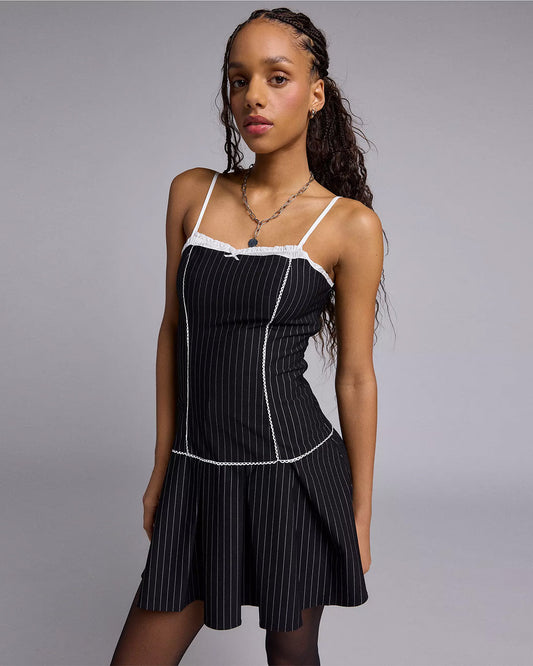 dresses,dresses,casual,feminine, glam, streetwear, vintage,woven,poly cotton,black,pinstripe, stripes,pleated,lace,tailored fit,a line,mini,straight hem,cami neck,adjustable strap,sleeveless,OY2007,25060039GG"
