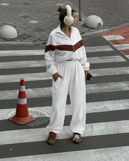 coord sets,bottomwear, topwear,casual chic, loungewear, vacation,genz fit, streetwear, winter,knitted, woven,fleece,,white,color block,panelling, ruched hem,zipper,relaxed fit top,zip up jacket,waist length top,gathered hem,high neck,no straps,long sleeves,long sleeves,zipper,trousers,joggers,full length,ruched hem,mid rise waist,no pockets,OY2192 White,25090051GG