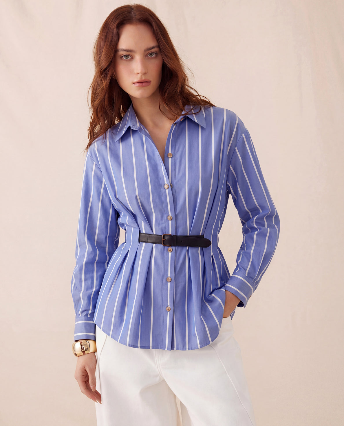 Blue Stripe Button Down Belted Shirt