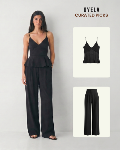 Black Spaghetti Cotton Top and Smocked Detail Korean Trousers