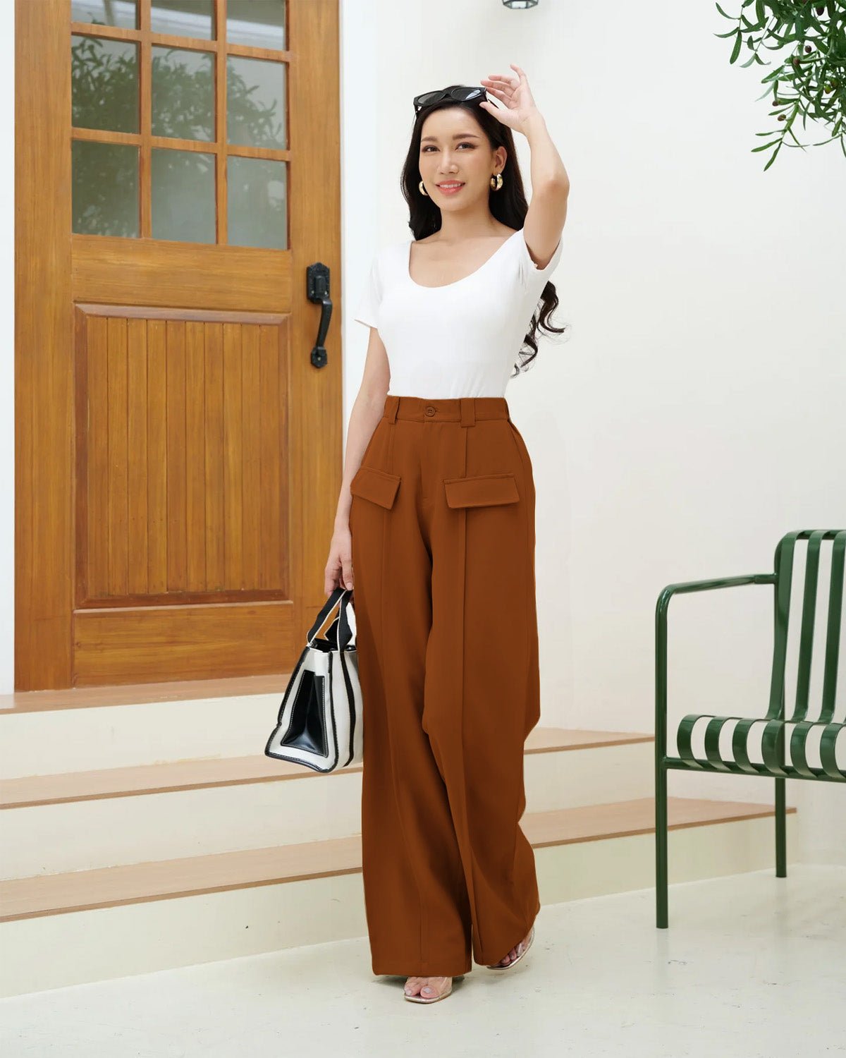 FAUX FLAP POCKET PANTS,Color: Rust
Fabric: 95% poly 5% spandex
Fit: Straight Fit 
Length: Full Length(40")
Waist: High Rise 
Closure: Zip & Button
No. of Pockets: 2
Print: Solid
Detail: Pleated pants with faux pocket flap,pants,bottomwear,pants,semi-formal,stretchable,polyester, spandex,rust,straight fit,straight,full length,high rise