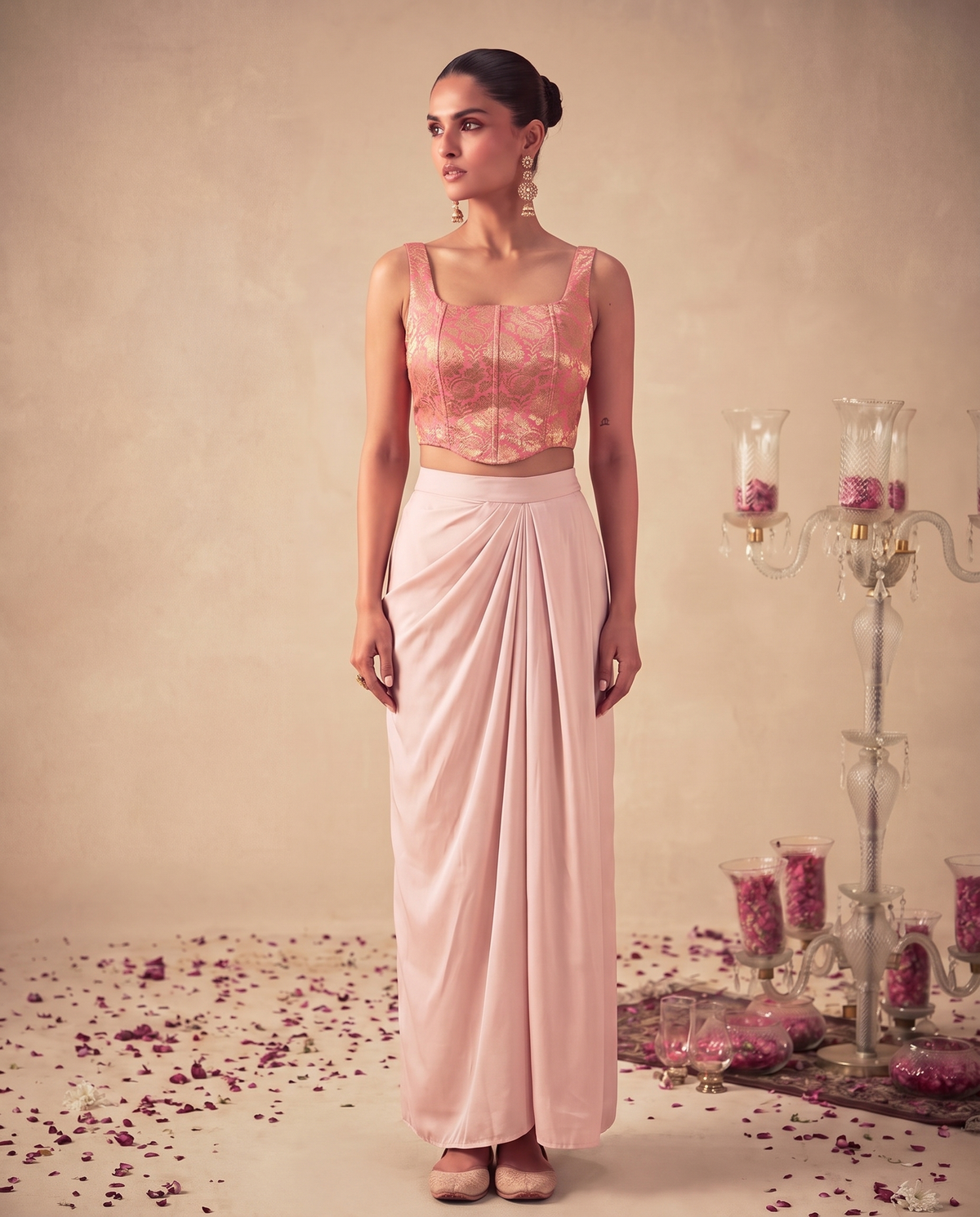 Blush Pink Brocade Corset Top & Satin Skirt Coord Set