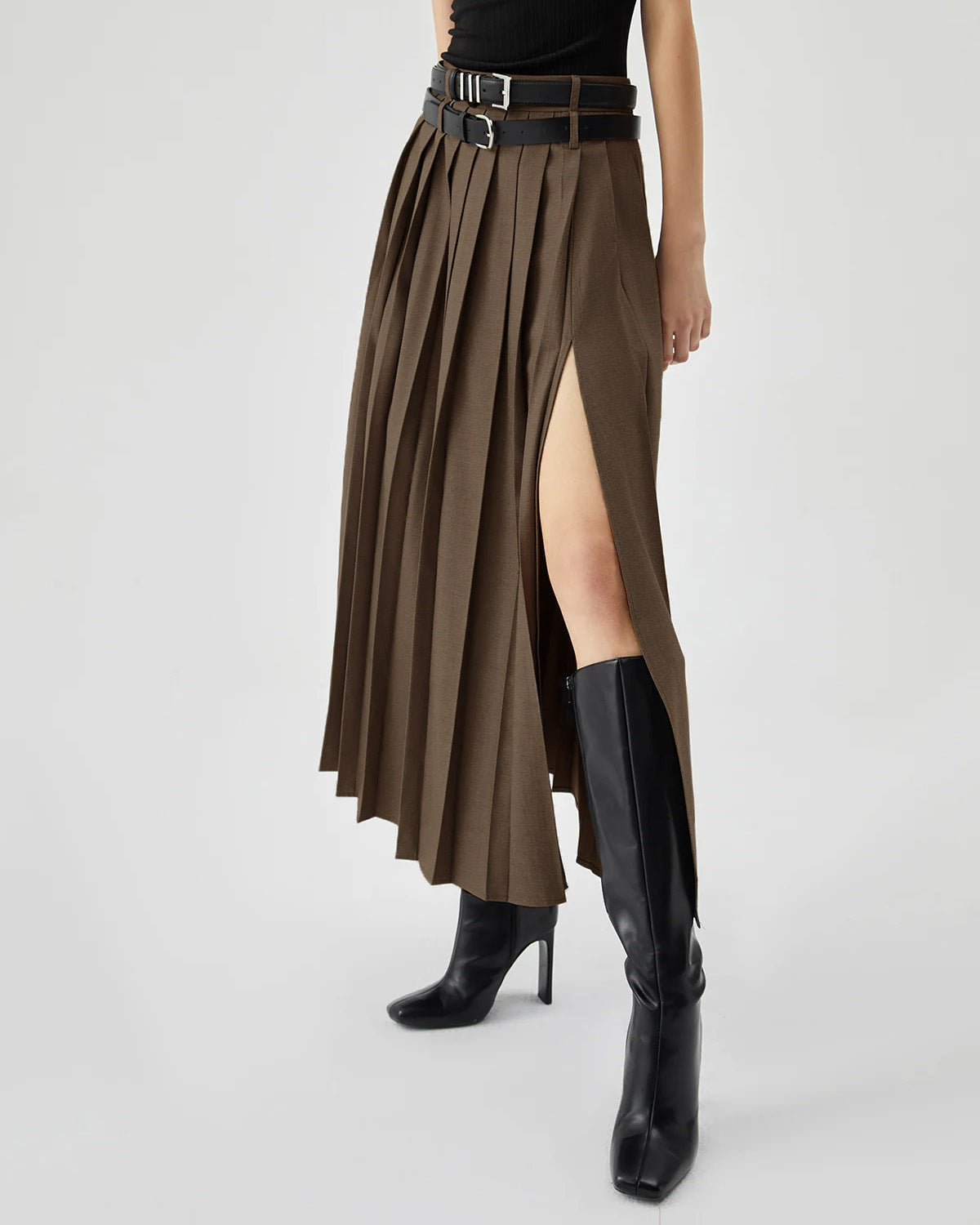 Set Of Two Pleated Split Skirts With Detachable Belts