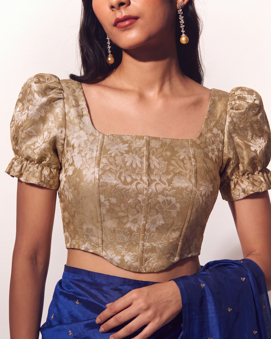Gold Puff Sleeve Brocade Saree Corset Blouse