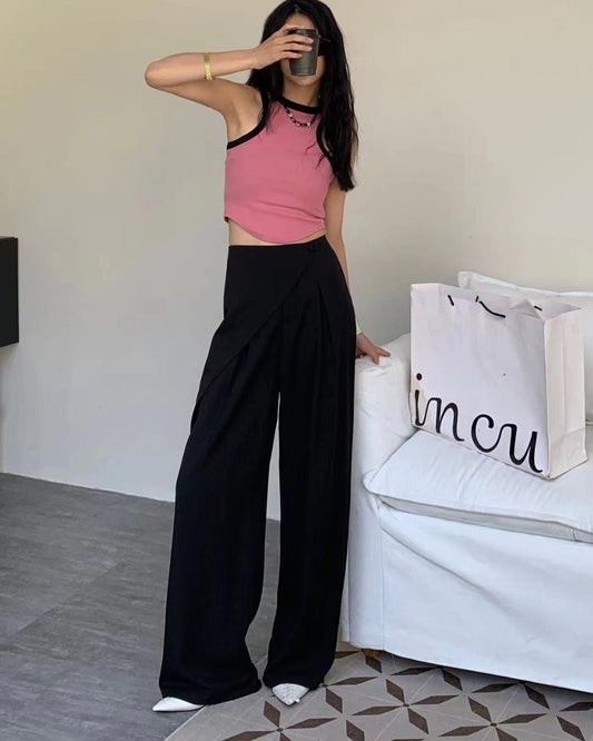 WRAP FRONT WIDE LEG PANTS,black, bottomwear, full length, high rise, pants, pleated, polyester, relaxed fit, semi-formal, streetwear, summer, wide leg, woven,wrap_front_wide_leg_pants_black,Color- BlackFabric- Polyester Type- Wide LegFit- Relaxed Fit Length- Full Length(41in)Waist- High RiseClosure- Zip &amp; ButtonPrint- SolidDetail- Pleated &amp; Wrap Front