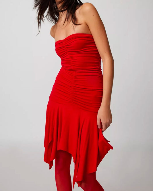 RUCHED BANDEAU DRESS,above knee, asymmetric, bandeau, dresses, knitted, off shoulder neck, party, red, ruched, single jersey, skinny fit, sleeveless, solid, stretchable, summer, vacation,ruched-bandeau-dress-red,Color- RedFabric- Single JerseyType- BandeauFit- Skinny FitLength- Above KneeNeck- Off Shoulder NeckHem- Asymmetric Print- SolidDetails- Ruched