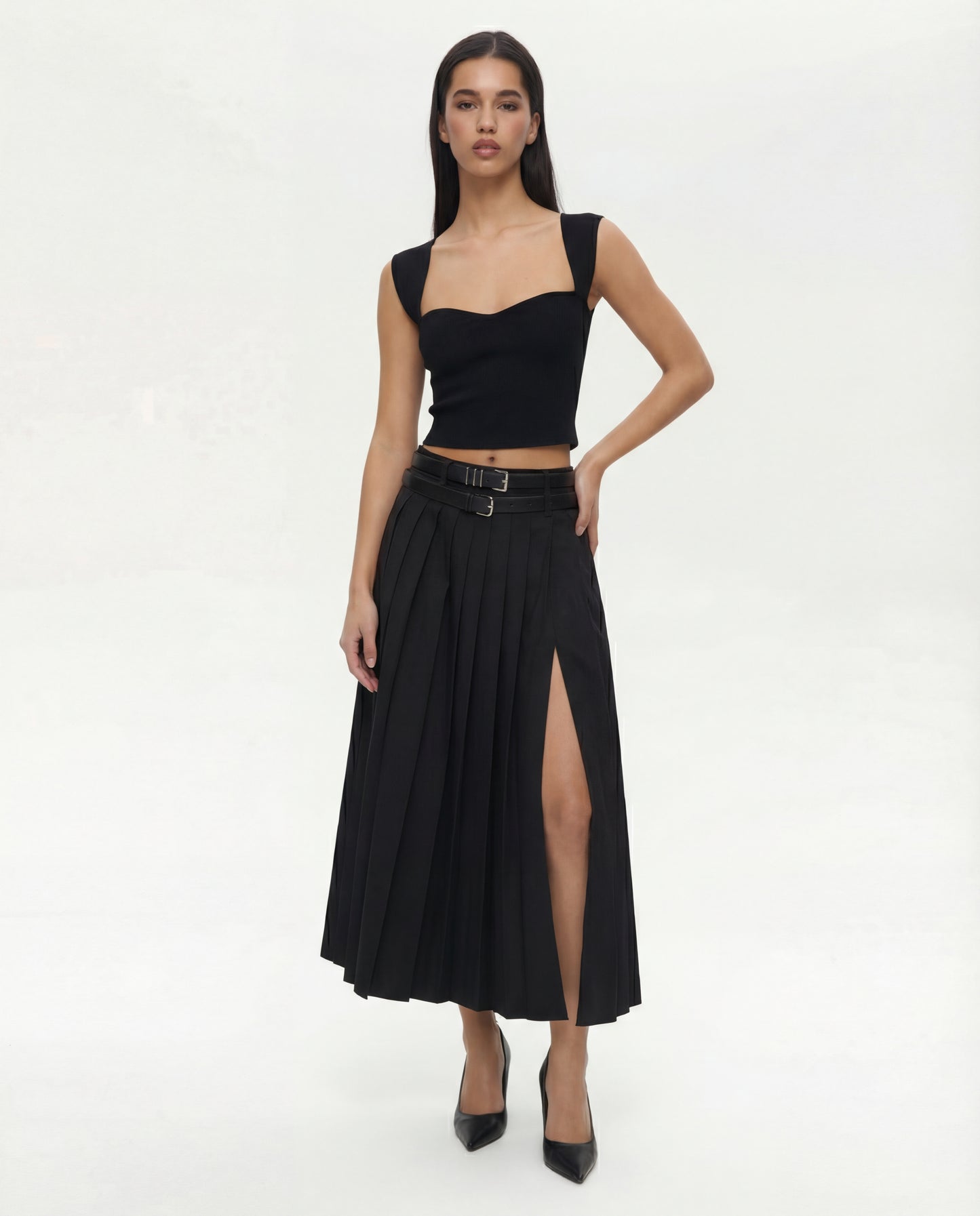 Double Belted Pleated Skirt with Sweet Heart Neck Top Set