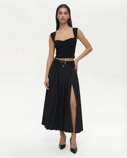 Double Belted Pleated Skirt with Sweet Heart Neck Top Set