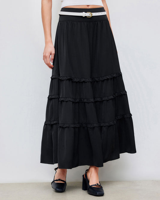 bottomwear,skirts,casual, casual chic, vacation,soft girl, summer, vintage, y2k,woven,cotton,gathered, panelling,black,panelled, ruffled,belt,flared fit,flared,full length,flared,mid rise, 25070006GG, OY2073