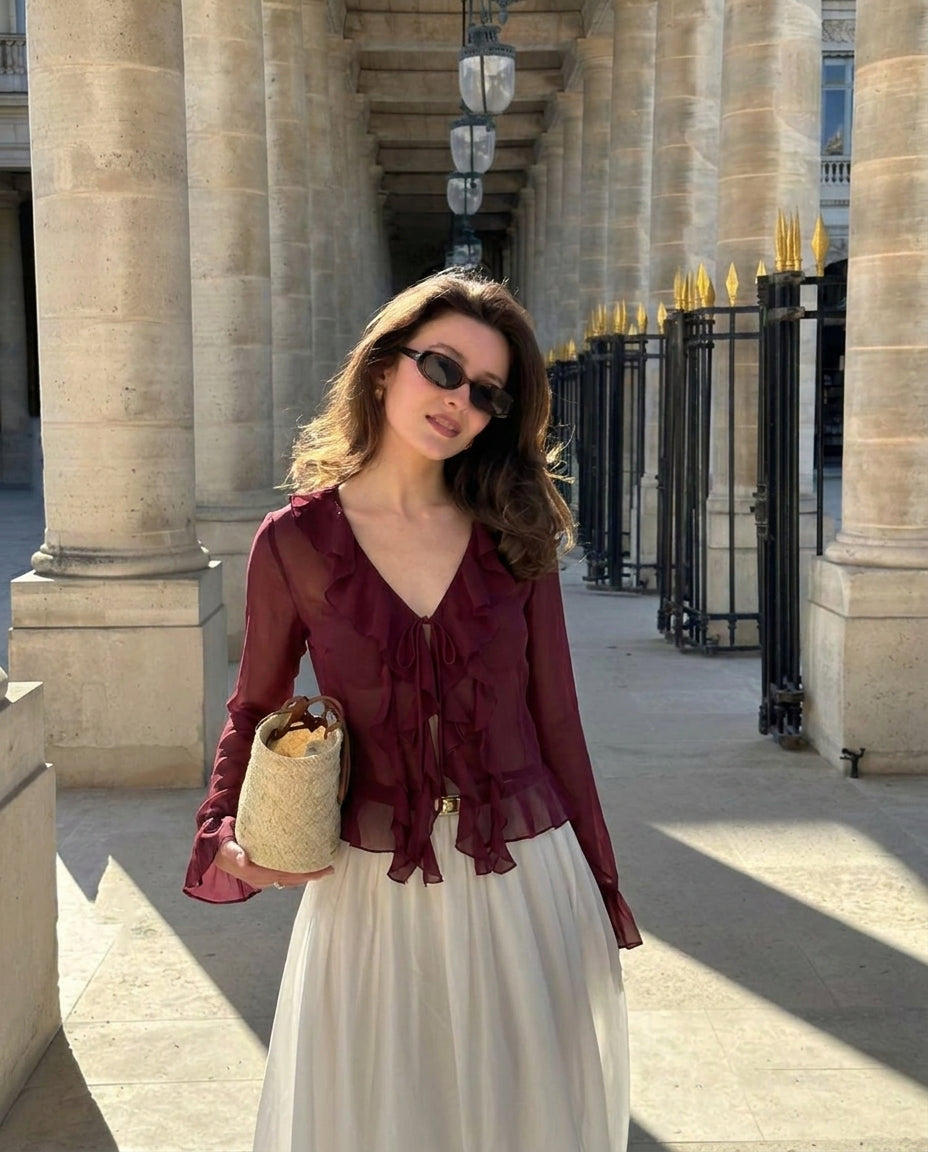 Ruffled Tie Front Flared Sleeve Top - Burgundy