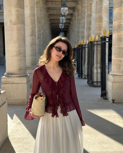 Ruffled Tie Front Flared Sleeve Top - Burgundy