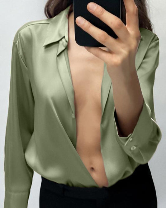 solid-satin-shirt-green,SOLID SATIN SHIRT,topwear,shirts,outdoor events,minimal,woven,satin,green,solid,regular fit,regular,shirt collar,cuff sleeves,long sleeves