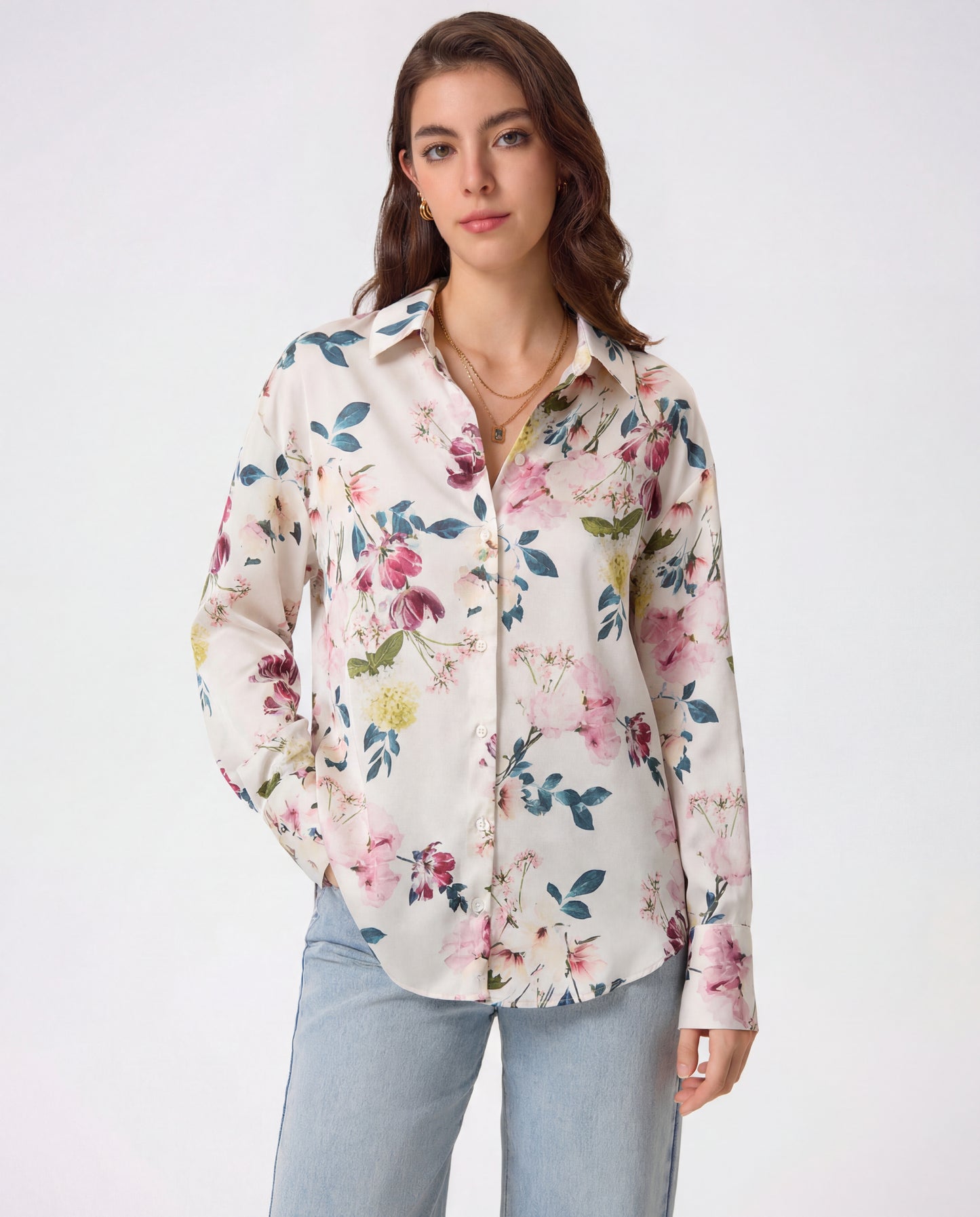 White & Multicolor Florals Satin Shirt