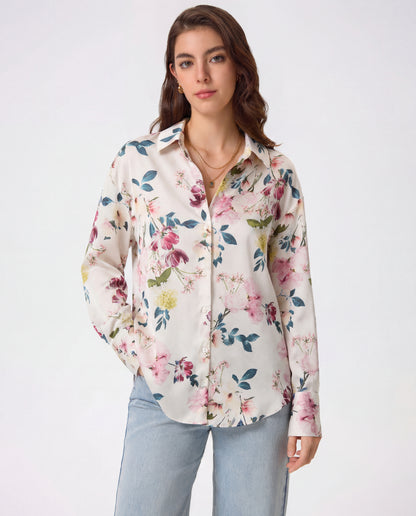 White & Multicolor Florals Satin Shirt