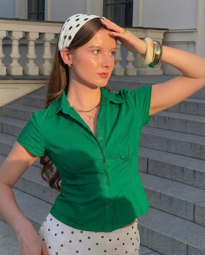 Green Waist Fitted Cotton Shirt